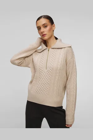 Varley Dámský Béžový Vlněný Svetr Camello Relaxed Cable Half Zip