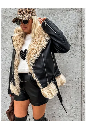 Star Style Koženková bunda s kožušinkou a opaskom AUDREY+