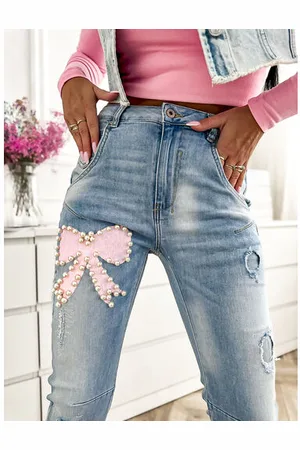 Star Style Vysoko-pásové mom fit rifle zdobené korálikmi