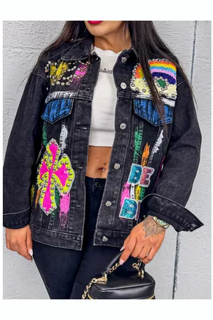 Star Style Extravagantný denim kabát zdobený flitrami a nitmi WALDA