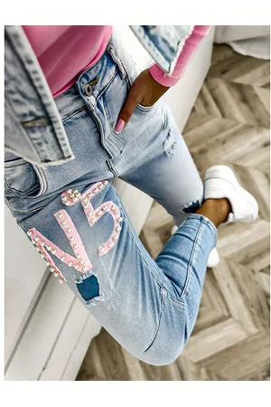Star Style Vysoko-pásové mom fit rifle zdobené korálikmi