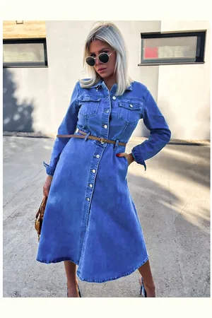 Star Style Dlhé denim šaty na gombíky s opaskom ROSAMUND