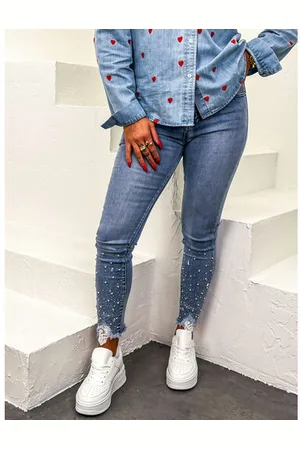 Star Style Vysoko-pásové skinny rifle zdobené kamienkami a korálikmi