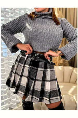 Star Style Kockovaná plisovaná sukňa s opaskom RONA+