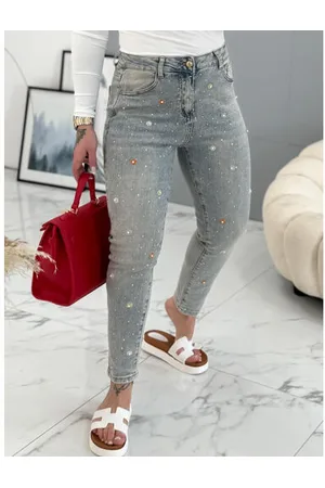 Star Style Vyšívané mom fit rifle zdobené kamienkami a korálikmi