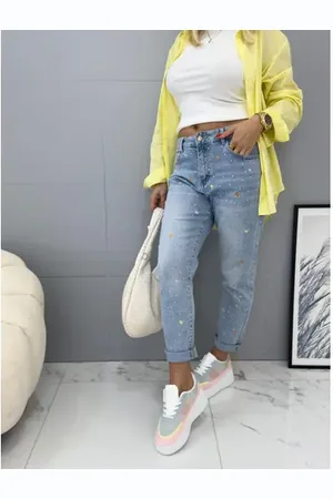 Star Style Vyšívané mom fit rifle zdobené kamienkami