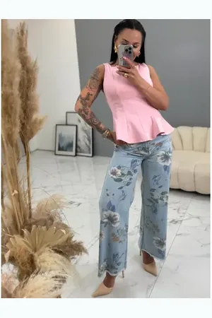 Star Style Kvetované wide-leg rifle s vysokým pásom