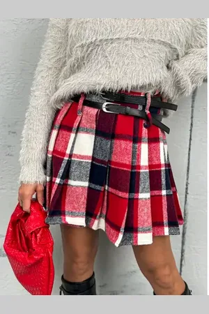 Star Style Kockovaná plisovaná sukňa s opaskom RONA+
