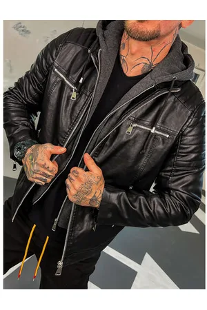 Star Style Pánsky kombinovaný koženkový kabát+