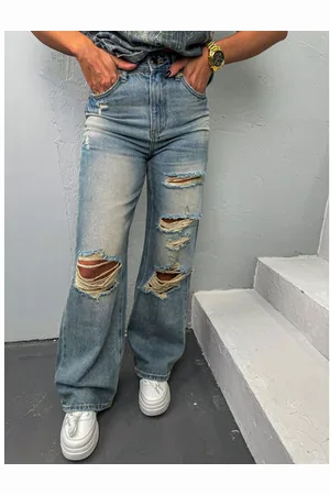 Star Style Modré roztrhané wide-leg rifle+