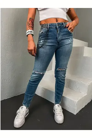 Star Style Roztrhané fashion rifle s reťazou+