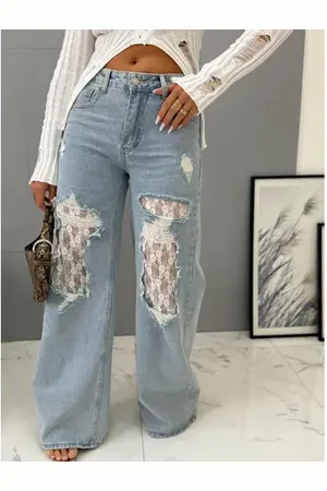 Star Style Roztrhané wide-leg rifle s čipkovaným detailom