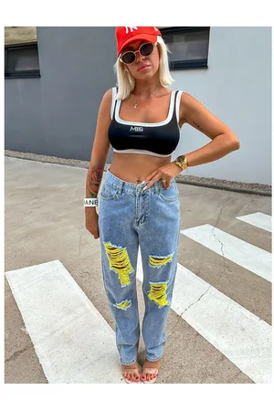 Star Style Roztrhané mom fit rifle zdobené kamienkami+