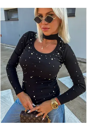 Star Style Vrúbkované tričko zdobený korálikmi ESHE+