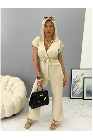 Star Style Elegantný béžový overal s opaskom YVONNE
