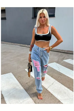 Star Style Roztrhané mom fit rifle zdobené kamienkami+