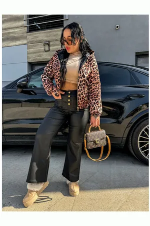 Star Style Vysoko-pásové koženkové wide-leg nohavice so zlatými gombíkmi+