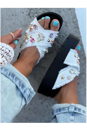 Star Style Denim šľapky zdobené kamienkami COLLINS