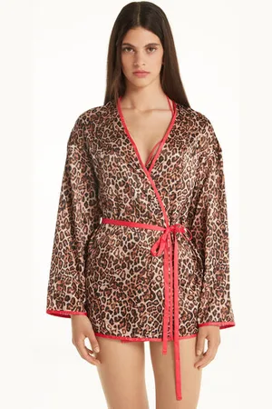 Tezenis Krátký Župánek s Dlouhým Rukávem a Šerpou Strawberry Leopard Žena