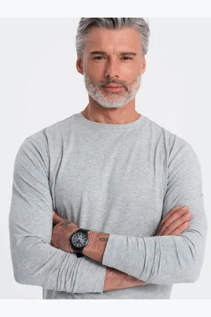 Ombre Clothing Pánské tričko BASIC s dlouhým rukávem a kulatým výstřihem - šedý melír V3