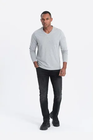 Ombre Clothing Pánské tričko s dlouhým rukávem bez potisku a s výstřihem - šedý melír V7