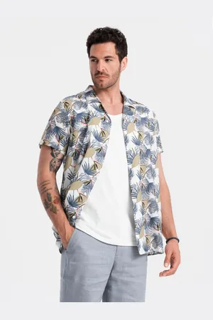 Ombre Clothing Pánská vzorovaná viskózová košile s krátkým rukávem V7 OM-SHPS-0113 palmy
