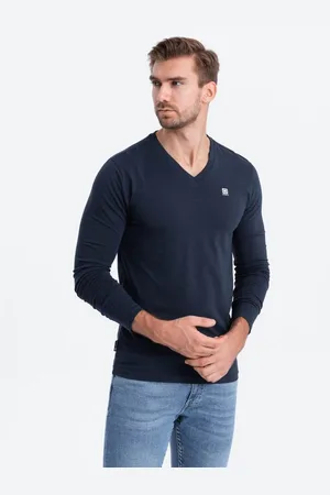 Ombre Clothing Pánské tričko s dlouhým rukávem V-NECK námořnická modř