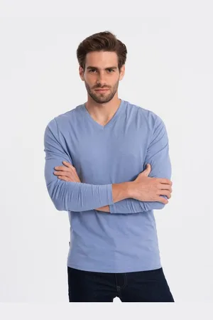 Ombre Clothing Pánské dlouhé rukávy V-NECK bez potisku světle modré