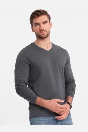 Ombre Clothing Pánské tričko s dlouhým rukávem bez potisku s výstřihem do V grafitový