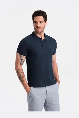 Ombre Clothing Pánská jednobarevná pletená polokošile BASIC tmavě modrá V