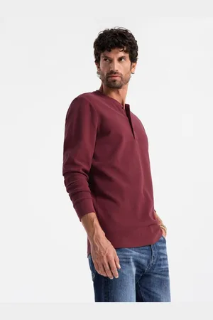 Ombre Clothing Pánská košile s dlouhým rukávem z vaflového úpletu s knoflíky u krku bordó