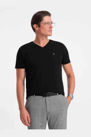Ombre Clothing Pánské tričko V-NECK s elastanem V3 OM-TSCT-0106 černé