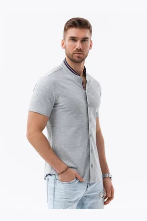 Ombre Clothing Pánská pletená košile s krátkými rukávy a límcem s límečkem šedá
