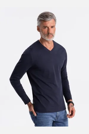 Ombre Clothing Pánské tričko s dlouhým rukávem V-NECK bez potisku tmavě modrý
