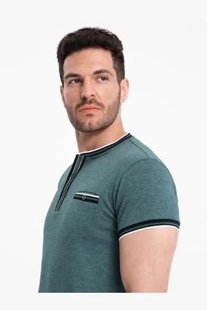 Ombre Clothing Pánské tričko HENLEY s ozdobným žebrováním tmavě zelené