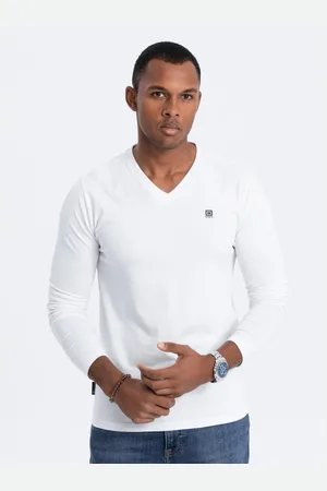 Ombre Clothing Pánské tričko s dlouhým rukávem V-NECK bílý