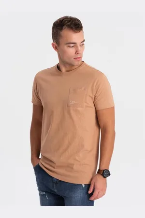 Ombre Clothing Pánské bavlněné tričko s kapsou V7 OM-TSPT-0154 světle hnědé