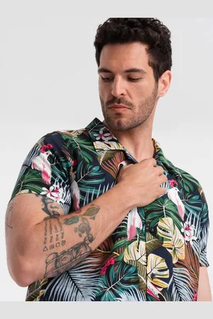 Ombre Clothing Pánská vzorovaná viskózová košile s krátkým rukávem V10 OM-SHPS-0113 džungle