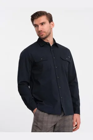 Ombre Clothing Pánská bavlněná košile REGULAR FIT s kapsami na knoflíky V3 OM-SHCS-0146 tmavě modrá