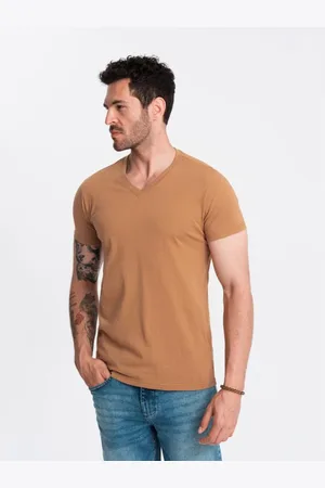 Ombre Clothing Pánské klasické bavlněné tričko BASIC s výstřihem do V hnědé