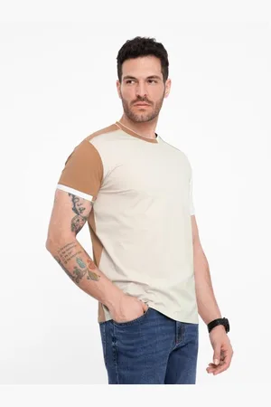 Ombre Clothing Pánské elastanové tričko s barevnými rukávy hnědé