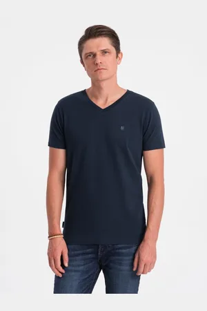 Ombre Clothing Pánské tričko V-NECK s elastanem V2 OM-TSCT-0106 tmavě modré