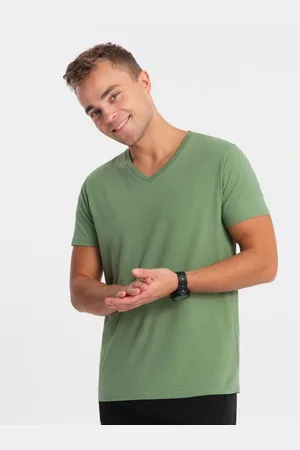 Ombre Clothing Pánské klasické bavlněné tričko s výstřihem BASIC zelené