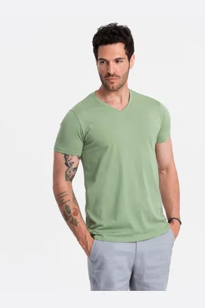 Ombre Clothing Pánské bavlněné klasické tričko s výstřihem do V BASIC zelené