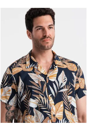 Ombre Clothing Pánská košile s krátkým rukávem viskózová vzorovaná OM-SHPS-0113 listy