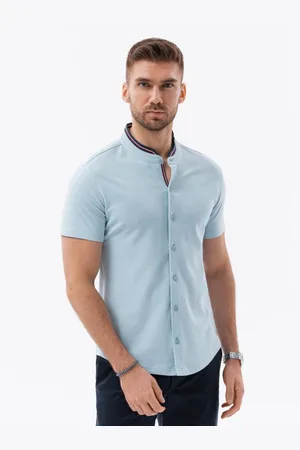 Ombre Clothing Pánská pletená košile s krátkým rukávem a límečkem modrá
