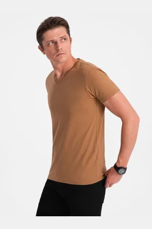 Ombre Clothing Pánské klasické bavlněné tričko s výstřihem BASIC teplá