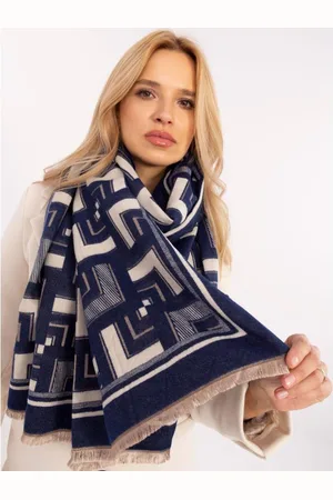 Wool Fashion Italia Tmavě modrá a ecru šála s geometrickými vzory