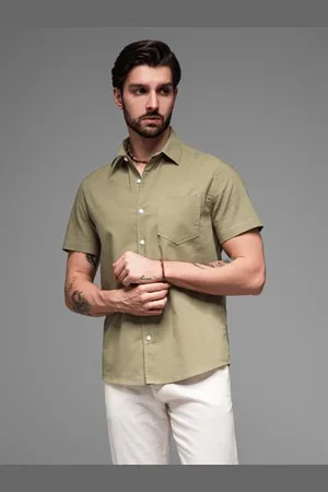 Ombre Clothing Pánská košile s krátkým rukávem a kubánským límcem - tmavě béžová V3 OM-SHSS-0168