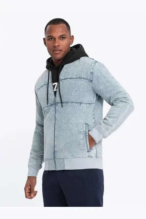 Ombre Clothing Pánská džínová bunda katana s nákladovými kapsami a kapucí - modrá V3 C558
